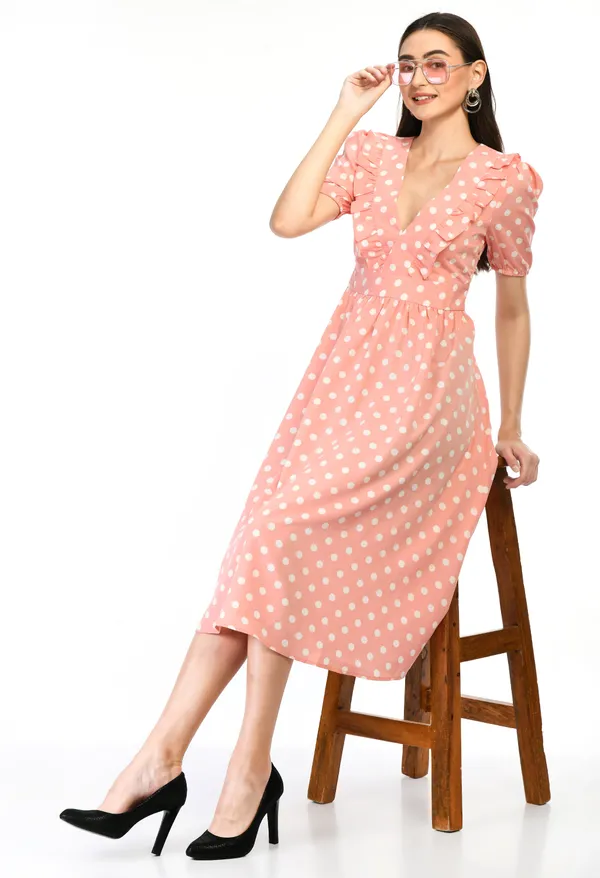 Peach_Peach_Polka_Dot_Ruffle_V_Neck_Midi_Dress_For_Women