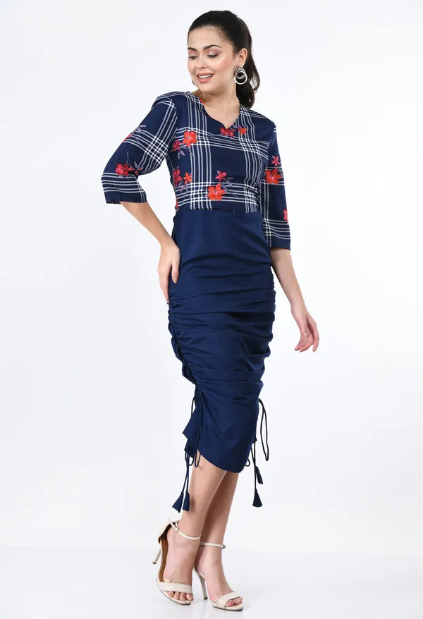 Navy_Blue_Printed_Ruched_Midi_Dress_With_Drawstring_Detail_For_Women