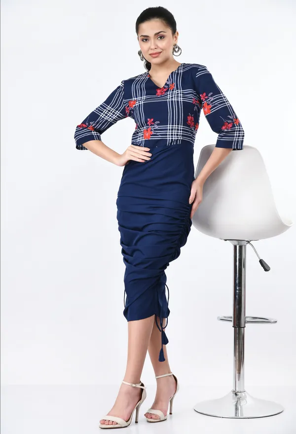 Navy_Blue_Printed_Ruched_Midi_Dress_With_Drawstring_Detail_For_Women