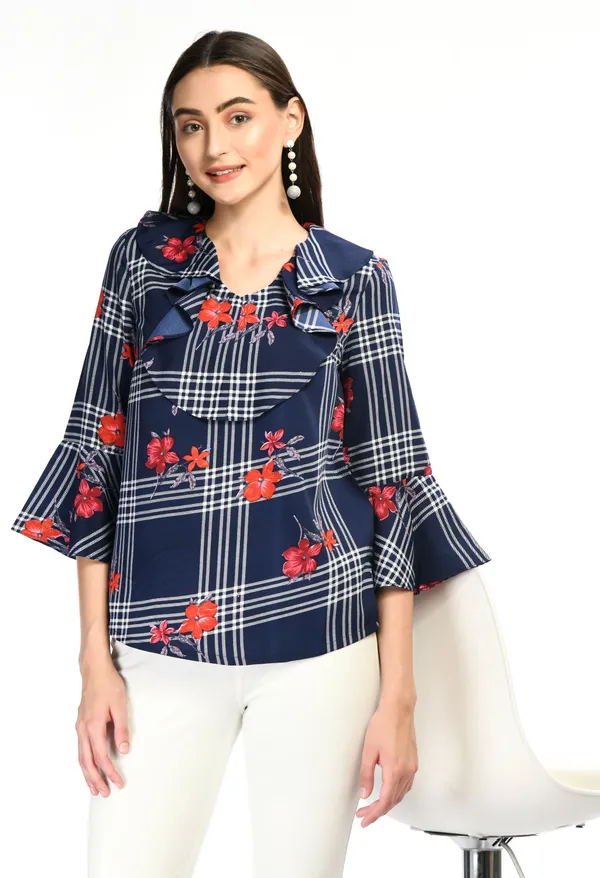 Navy_Blue_Floral_Check_Ruffle_Neck_Top_For_Women