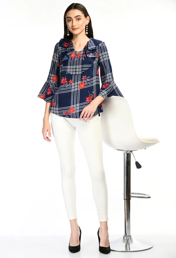 Navy_Blue_Floral_Check_Ruffle_Neck_Top_For_Women