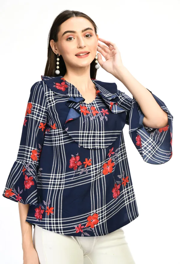 Navy_Blue_Floral_Check_Ruffle_Neck_Top_For_Women