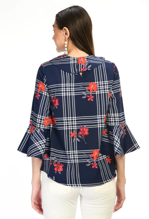 Navy_Blue_Floral_Check_Ruffle_Neck_Top_For_Women