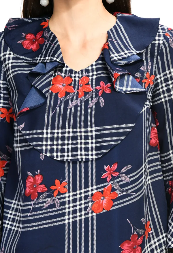 Navy_Blue_Floral_Check_Ruffle_Neck_Top_For_Women