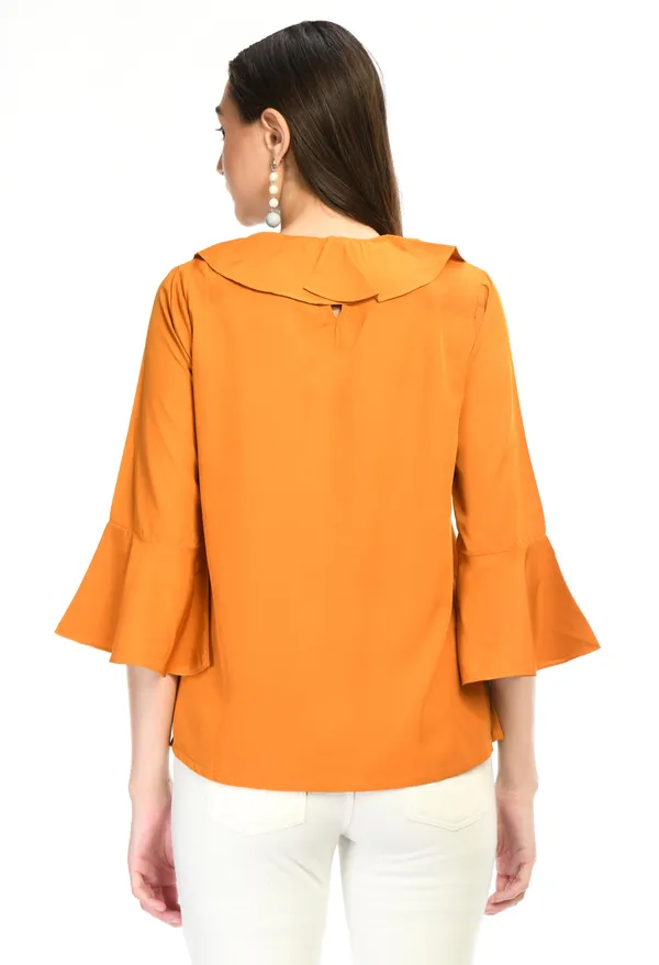 Yellow_Solid_Ruffle_Neck_Bell_Sleeve_Top_For_Women