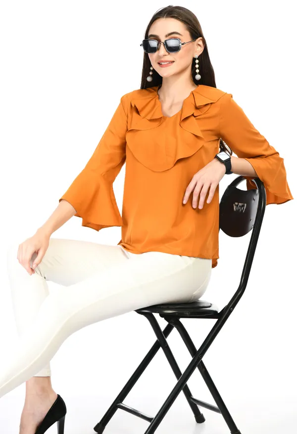 Yellow_Solid_Ruffle_Neck_Bell_Sleeve_Top_For_Women
