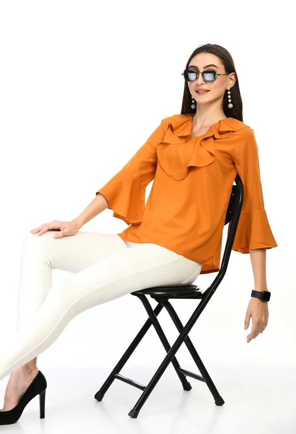 Yellow_Solid_Ruffle_Neck_Bell_Sleeve_Top_For_Women