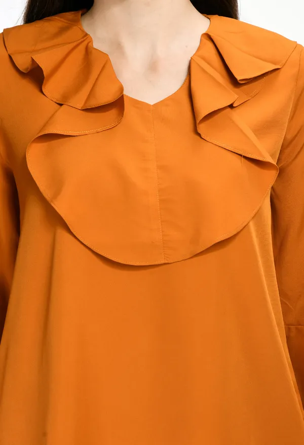 Yellow_Solid_Ruffle_Neck_Bell_Sleeve_Top_For_Women