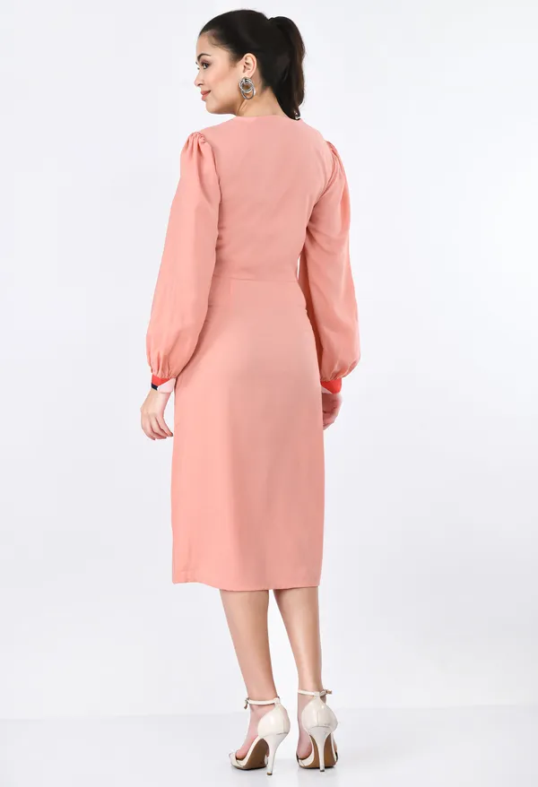 Peach_Block_Puff_Sleeve_Midi_Dress_For_Women