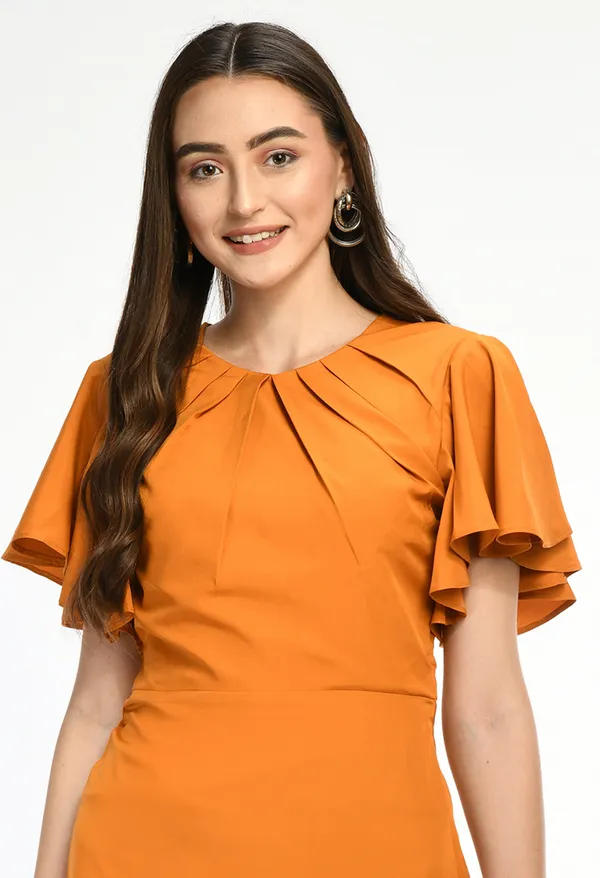 Orange_Elegant_Orange_Flutter_Sleeve_Midi_Dress_For_Women