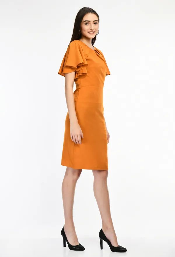Orange_Elegant_Orange_Flutter_Sleeve_Midi_Dress_For_Women