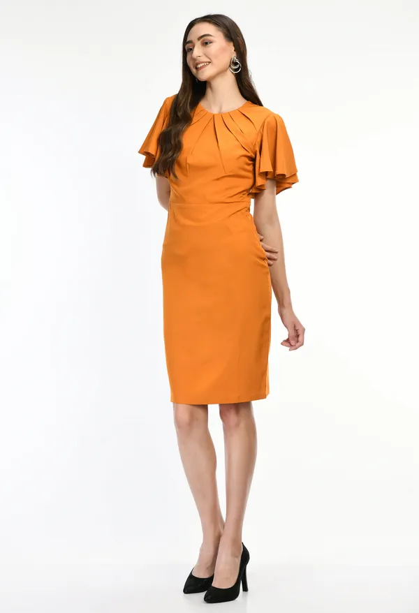 Orange_Elegant_Orange_Flutter_Sleeve_Midi_Dress_For_Women