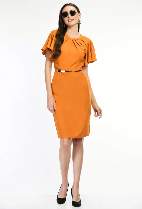 Orange_Elegant_Orange_Flutter_Sleeve_Midi_Dress_For_Women