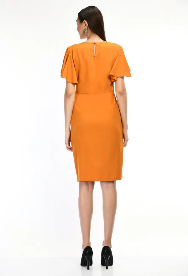 Orange_Elegant_Orange_Flutter_Sleeve_Midi_Dress_For_Women