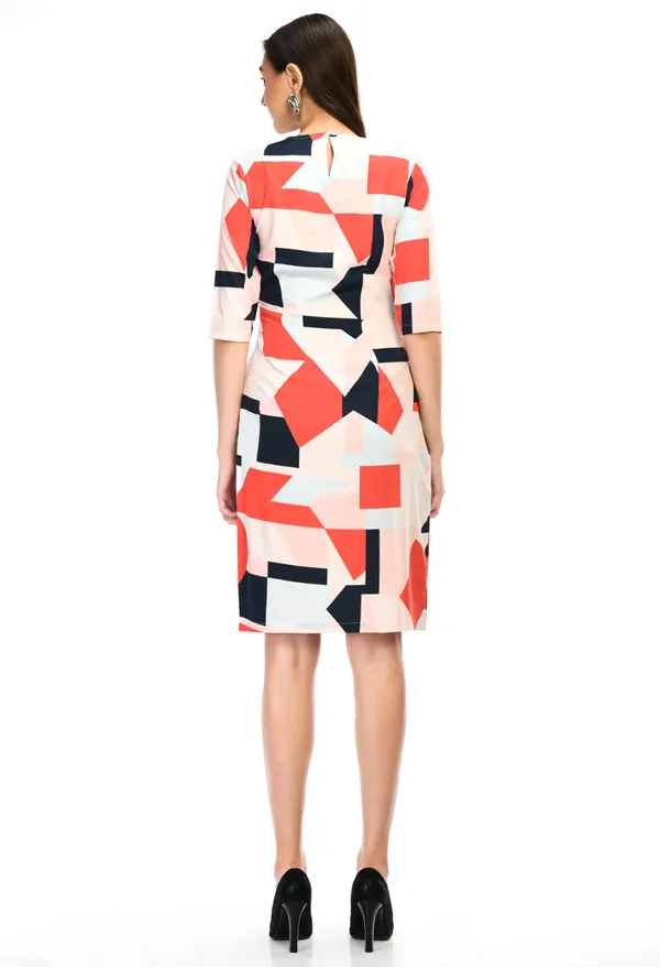 White_Orange_And_Blue_Abstract_Print_Bodycon_Dress_With_Button_Detail_For_Women