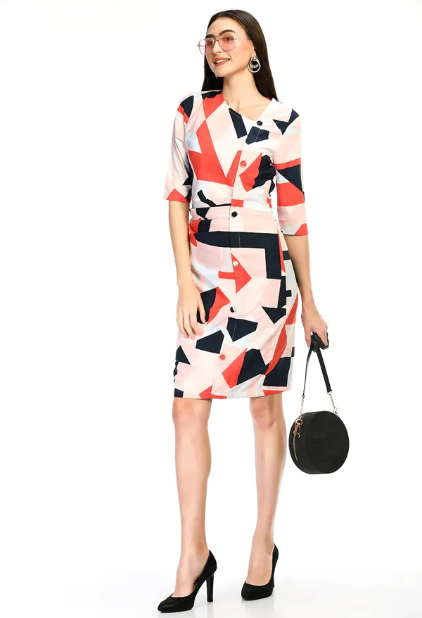 White_Orange_And_Blue_Abstract_Print_Bodycon_Dress_With_Button_Detail_For_Women