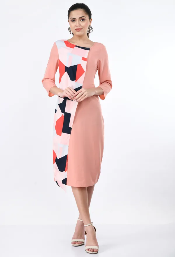 Peach_Block_Asymmetrical_Panel_Midi_Dress_For_Women