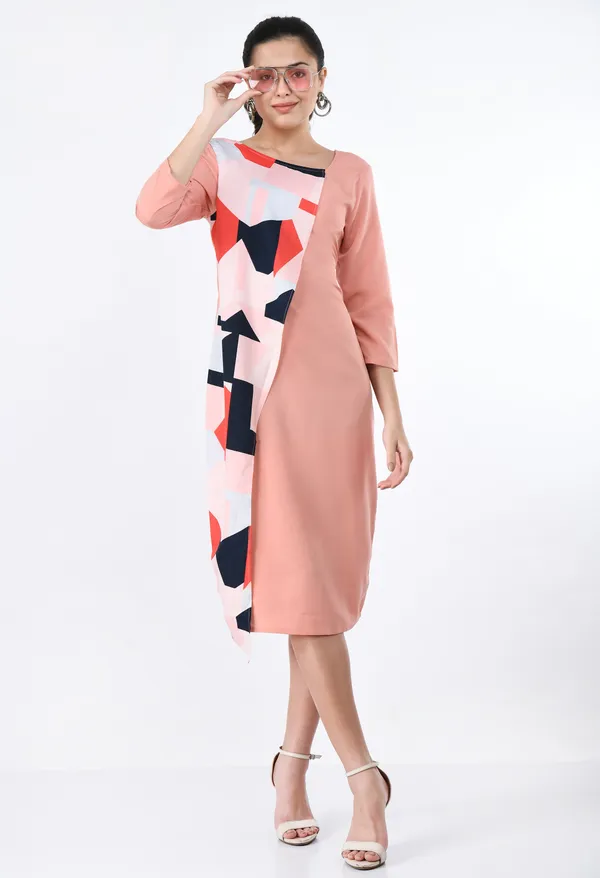 Peach_Block_Asymmetrical_Panel_Midi_Dress_For_Women