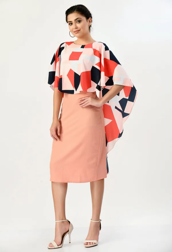 Pink_Peach_Midi_Dress_With_Geometric_Print_Cape_Overlay_For_Women