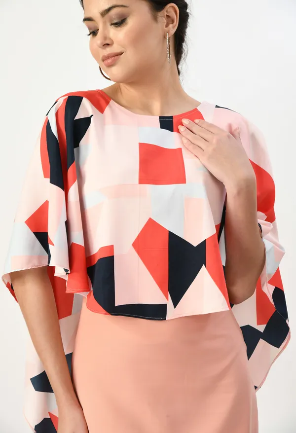 Pink_Peach_Midi_Dress_With_Geometric_Print_Cape_Overlay_For_Women