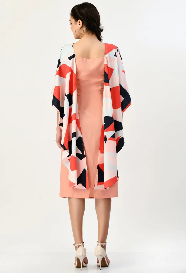Pink_Peach_Midi_Dress_With_Geometric_Print_Cape_Overlay_For_Women