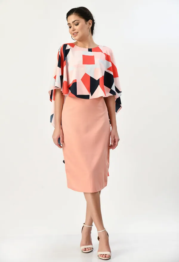 Pink_Peach_Midi_Dress_With_Geometric_Print_Cape_Overlay_For_Women
