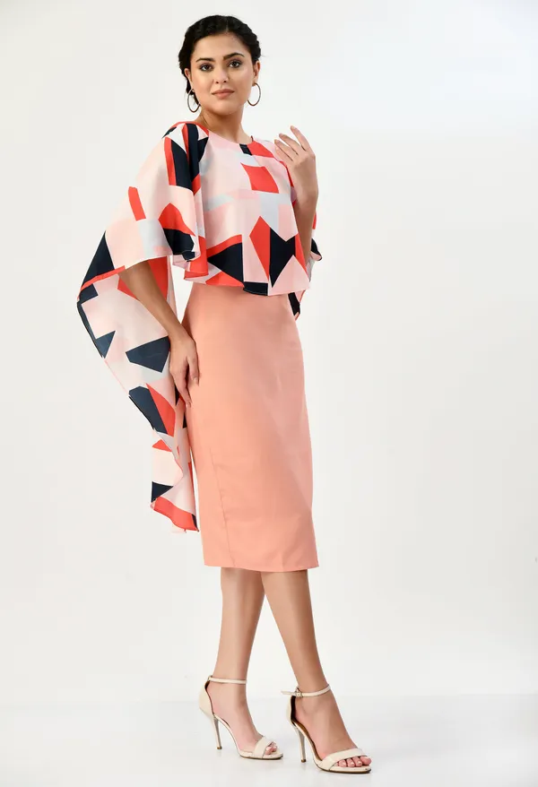 Pink_Peach_Midi_Dress_With_Geometric_Print_Cape_Overlay_For_Women