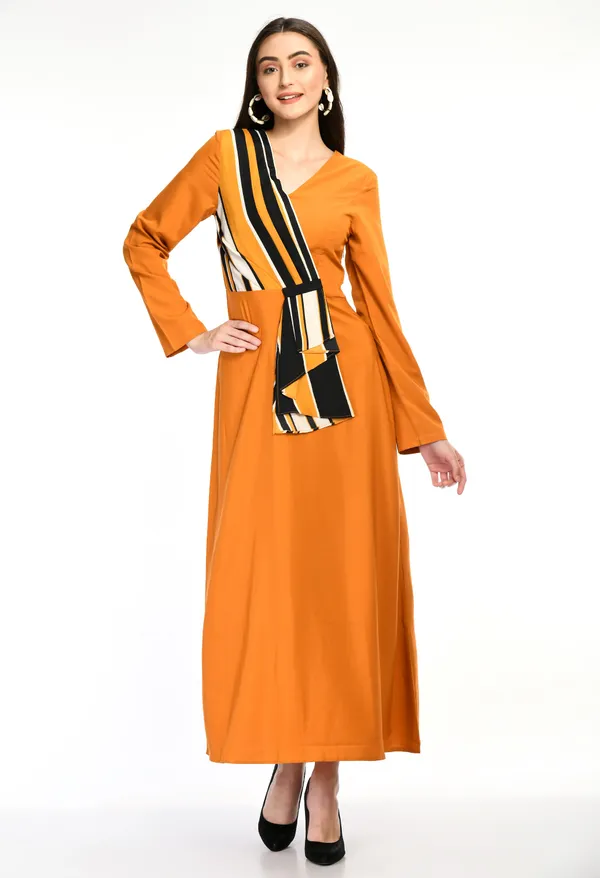 Mustard_Wrap_Style_Maxi_Dress_With_Contrast_Stripe_Detail_For_Women