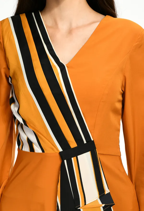 Mustard_Wrap_Style_Maxi_Dress_With_Contrast_Stripe_Detail_For_Women