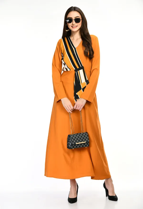 Mustard_Wrap_Style_Maxi_Dress_With_Contrast_Stripe_Detail_For_Women