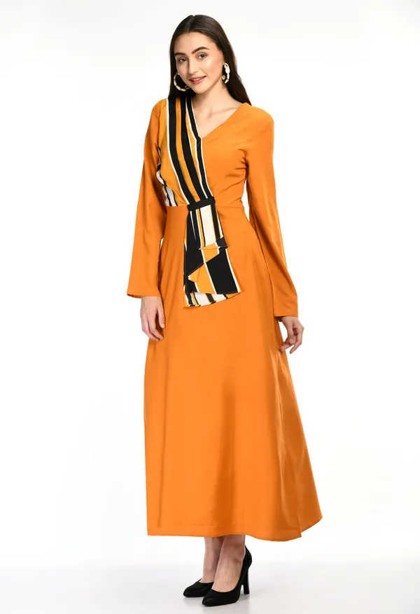 Mustard_Wrap_Style_Maxi_Dress_With_Contrast_Stripe_Detail_For_Women