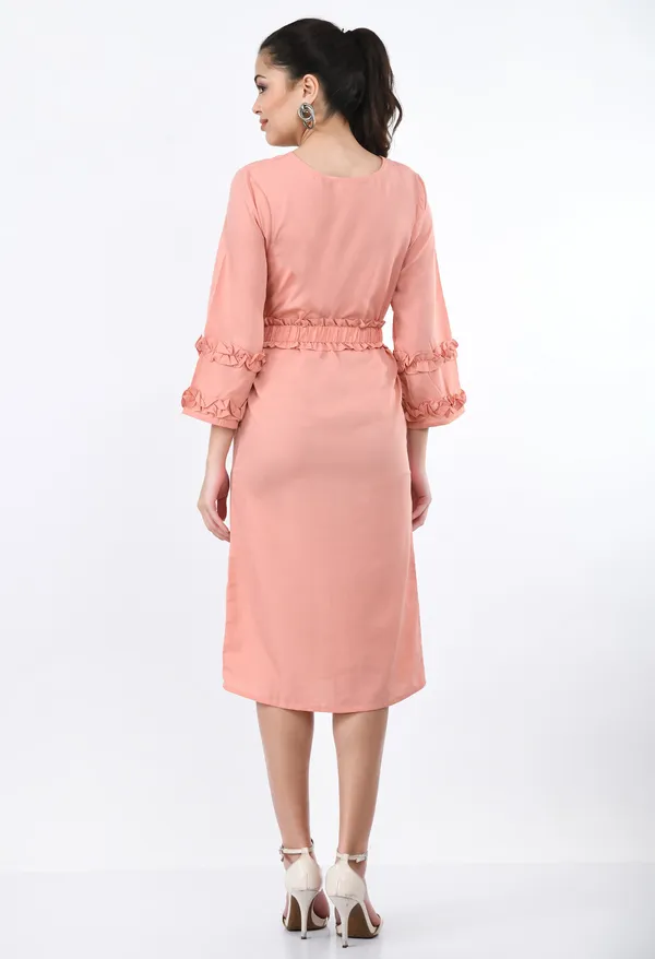 Peach_Solid_Midi_Dress_With_Ruffled_Waist_Sleeves_For_Women