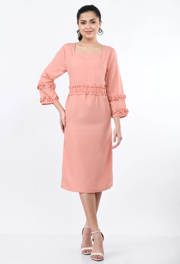 Peach_Solid_Midi_Dress_With_Ruffled_Waist_Sleeves_For_Women