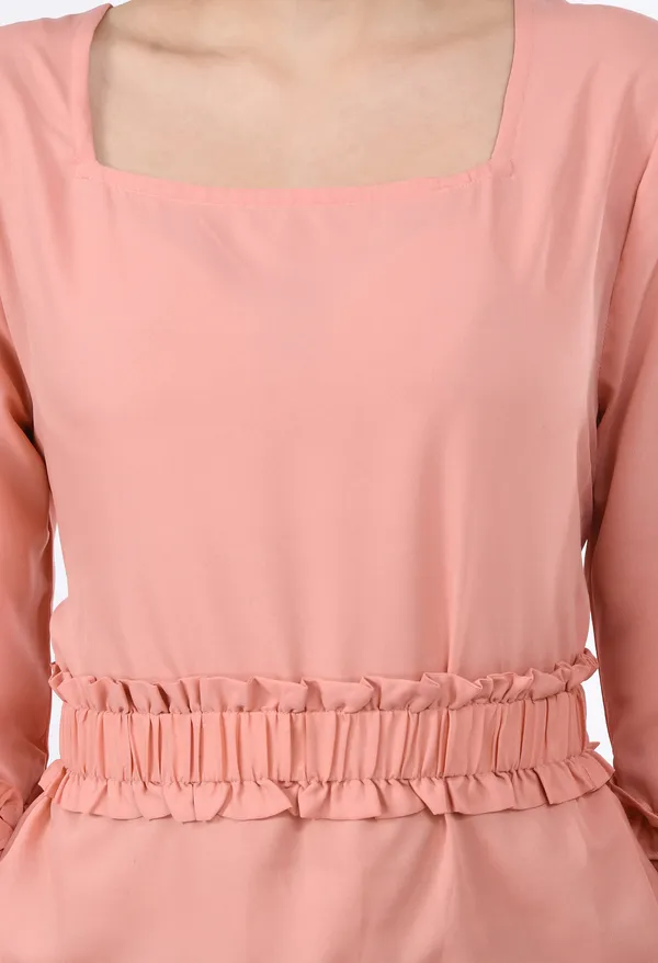 Peach_Solid_Midi_Dress_With_Ruffled_Waist_Sleeves_For_Women