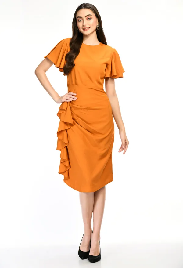 Yellow_Elegant_Ruffle_Detail_Midi_Dress_Flutter_Sleeve_Fit_Flare_Style_For_Women