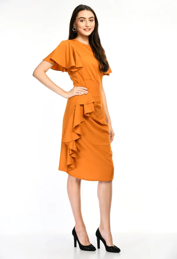 Yellow_Elegant_Ruffle_Detail_Midi_Dress_Flutter_Sleeve_Fit_Flare_Style_For_Women
