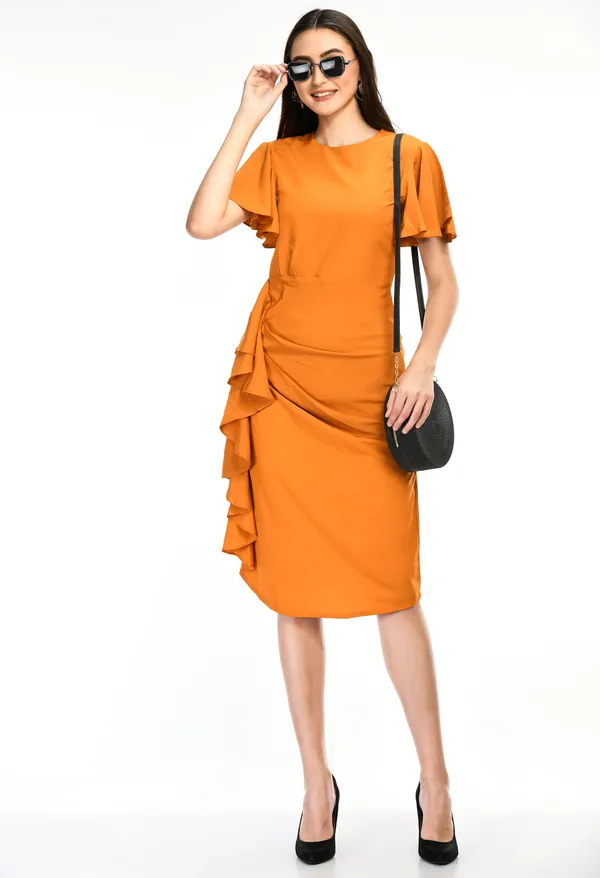 Yellow_Elegant_Ruffle_Detail_Midi_Dress_Flutter_Sleeve_Fit_Flare_Style_For_Women
