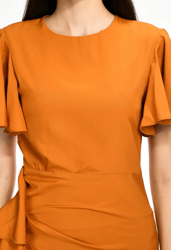 Yellow_Elegant_Ruffle_Detail_Midi_Dress_Flutter_Sleeve_Fit_Flare_Style_For_Women