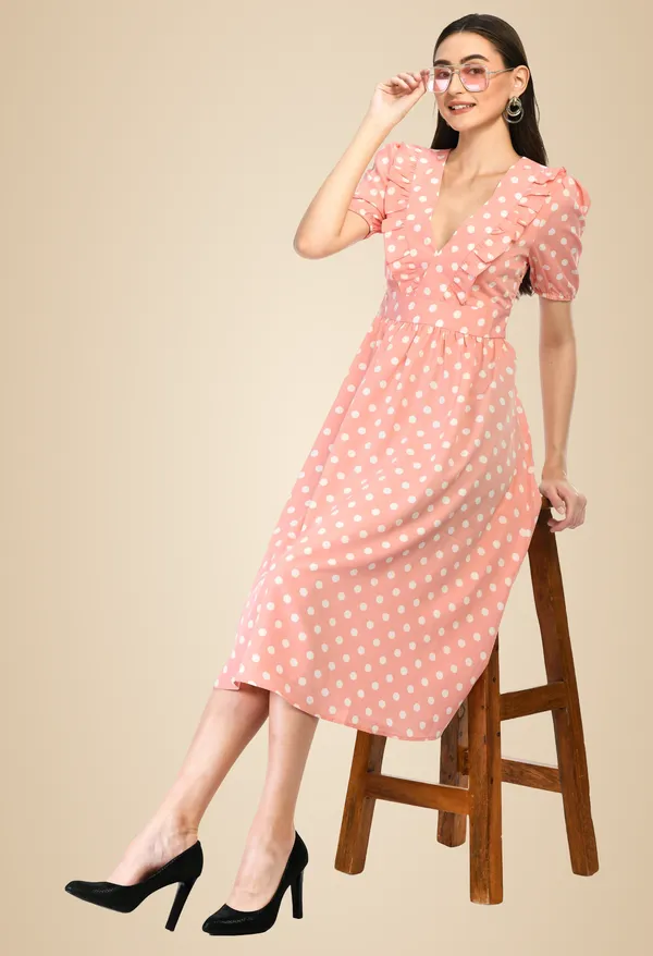Peach_Peach_Polka_Dot_Ruffle_V_Neck_Midi_Dress_For_Women