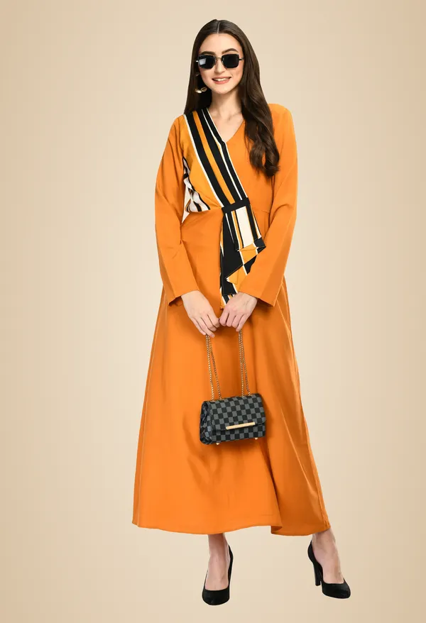 Mustard_Wrap_Style_Maxi_Dress_With_Contrast_Stripe_Detail_For_Women