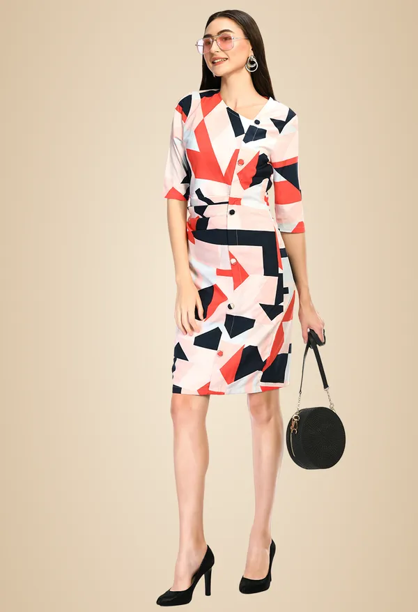 White_Orange_And_Blue_Abstract_Print_Bodycon_Dress_With_Button_Detail_For_Women