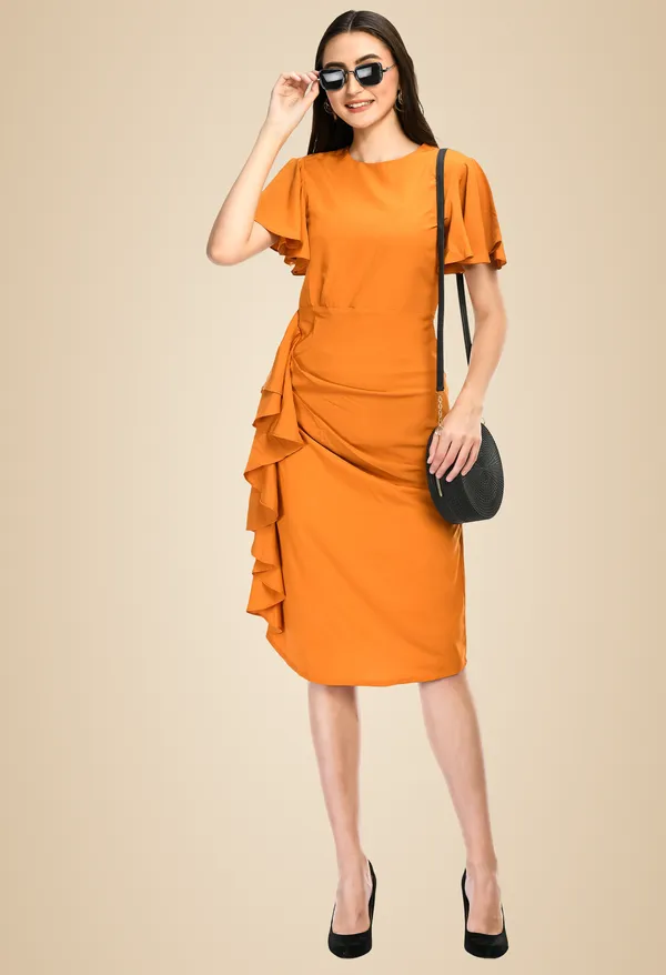 Yellow_Elegant_Ruffle_Detail_Midi_Dress_Flutter_Sleeve_Fit_Flare_Style_For_Women