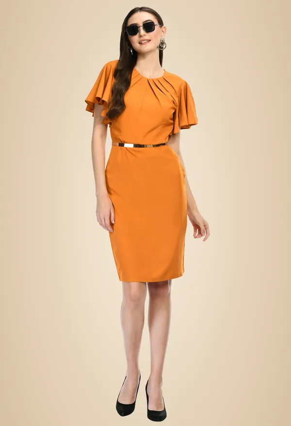 Orange_Elegant_Orange_Flutter_Sleeve_Midi_Dress_For_Women