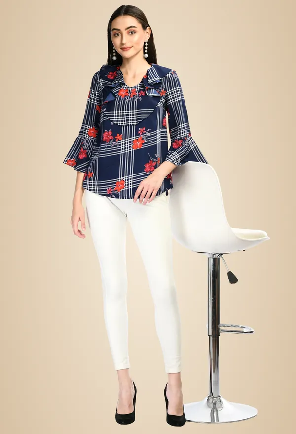 Navy_Blue_Floral_Check_Ruffle_Neck_Top_For_Women