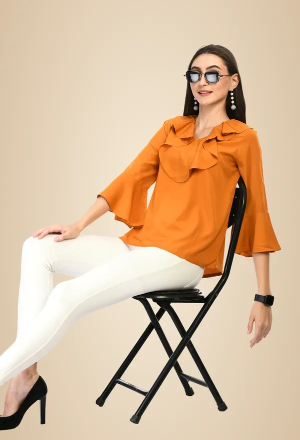 Yellow_Solid_Ruffle_Neck_Bell_Sleeve_Top_For_Women