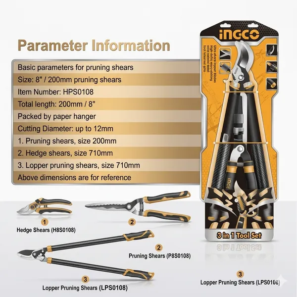 Ingco_3-Piece_Garden_Tool_Set_-_29"_Lopper,_23"_Hedge_Shear,_&_8.5"_Pruning_Shear_Hlt76033_Hedge_Shear_(30_Cm)