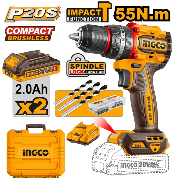 Ingco_Driver_Kit_|_55Nm_Torque_|_2X_2.0Ah_Li-Ion_Battery_&_Fast_Charger_Cidli20558_Compact_Brushless_Cordless_Impact_Drill_Cordless_Drill_(13_Mm_Chuck_Size)