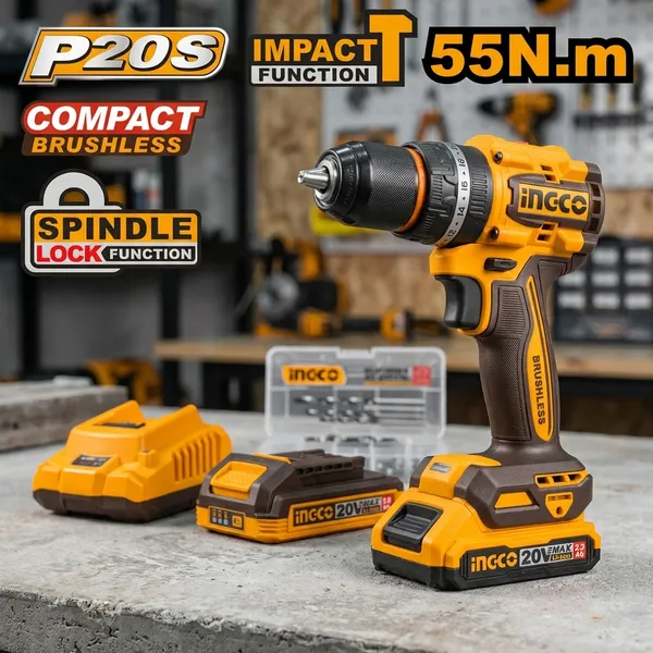 Ingco_Driver_Kit_|_55Nm_Torque_|_2X_2.0Ah_Li-Ion_Battery_&_Fast_Charger_Cidli20558_Compact_Brushless_Cordless_Impact_Drill_Cordless_Drill_(13_Mm_Chuck_Size)
