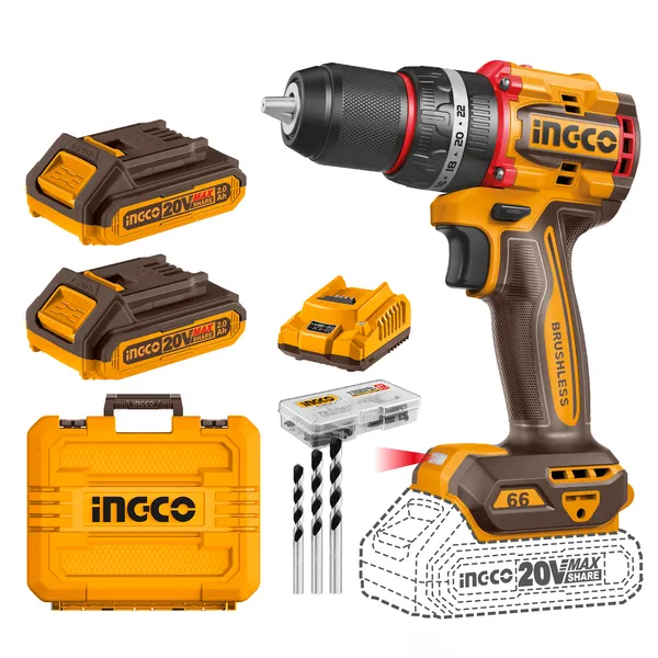 Ingco_20V_Compact_Brushless_Cordless_Impact_Drill_|_Power_Drill_Machine_|_66Nm_2*2.0_Ah_Batteries_|_1_Charger_|_47_Accessories_|_3_Masonry_Drill_Bits_|_Cordless_Drill_(13_Mm_Chuck_Size)