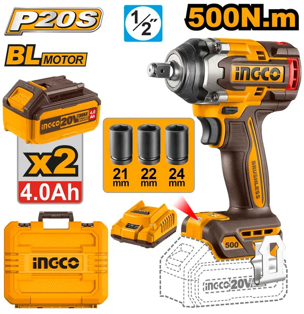Ingco_Ciwli2050_20V_Brushless_Cordless_Impact_Wrench_500Nm_3_Speed_,2Pcs_4Ah_Battery_Cordless_Impact_Wrench_(1/2_Inch)